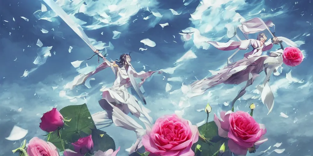 Image similar to floating flying longswords slicing through a bouquet of white and pink roses, flowers exploding and spraying, big puffy clouds, sharp rain, large rose petals, lotus petals, large polygonal background elements, large polygons, dramatic anime, dramatic lighting, artgerm, manga, trending on artstation, art nouveau, mature colors