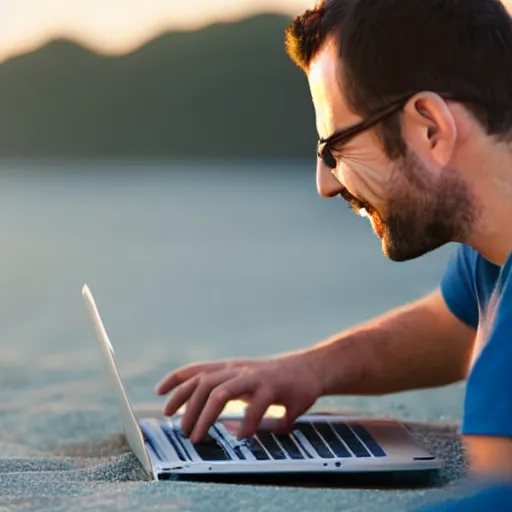 Image similar to stock photo of happy man working on laptop at beach, bokeh