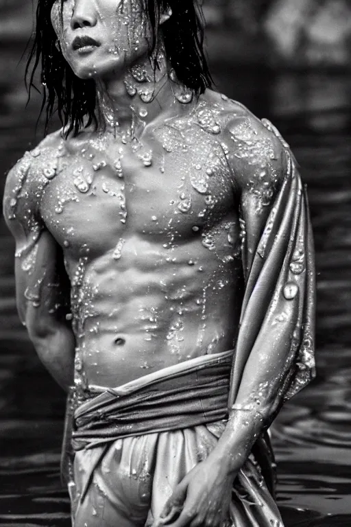 Image similar to a film still of japanese wearing kimono batik, close up face detail, muscular, wet body, model photography, wet dripping hair, emerging from the water