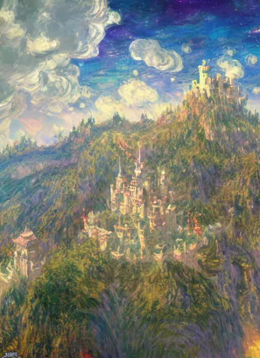 Image similar to retro - futurism anime castle on a mountain in clouds with lots of details look from above rule of thirds golden ratio, fake detail, trending pixiv fanbox, acrylic palette knife, artwork by claude monet