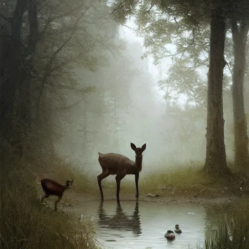 Image similar to a young deer sniffing an old yard nome standing by a pond. illustration, art by greg rutkowski and bouguereau and Zdzislaw Beksinski