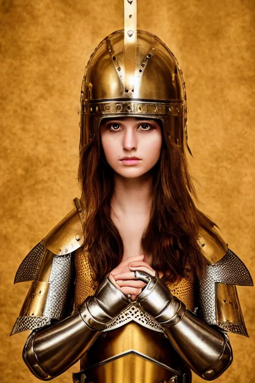 Image similar to female medieval knight, brown hair, by louis vuitton, gold and luxury materials, symmetrical, cinematic, elegant, professional studio light, real dlsr photography, sharp focus, 4 k, ultra hd, sense of awe, high fashion