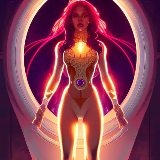 Image similar to symmetry!! intense fanart of starfire, intricate, elegant, highly detailed, my rendition, digital painting, artstation, concept art, smooth, sharp focus, illustration, art by artgerm and greg rutkowski and alphonse mucha