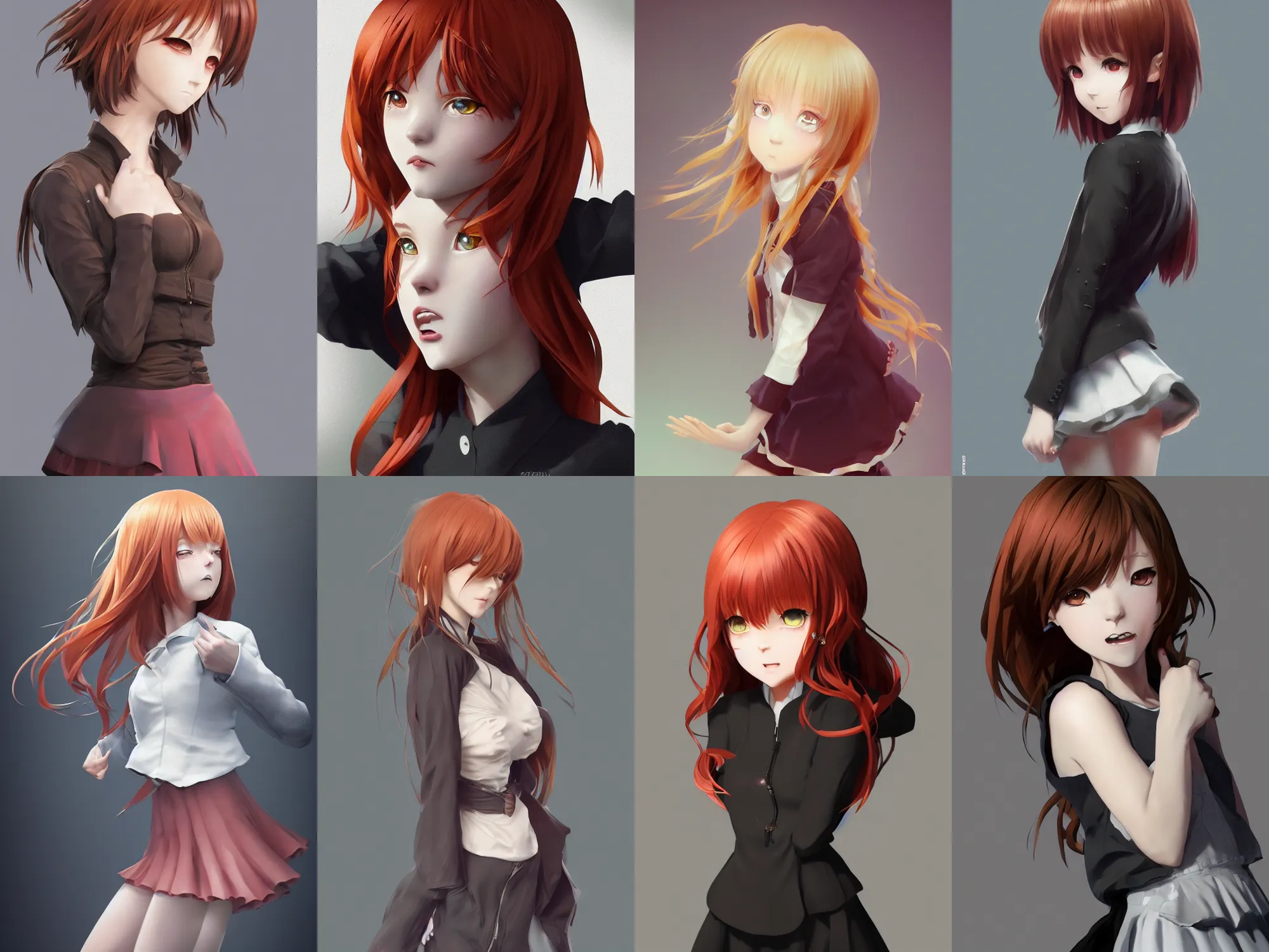 Prompt: Very complcated dynamic composition, realistic anime style at Pixiv. Zbrush sculpt colored, Octane render in Maya and Houdini VFX, young redhead girl in motion, wearing jacket and skirt, silky hair, black stunning deep eyes. By ilya kuvshinov, krenz cushart, Greg Rutkowski, trending on artstation. Amazing textured brush strokes. Cinematic dramatic soft volumetric studio lighting