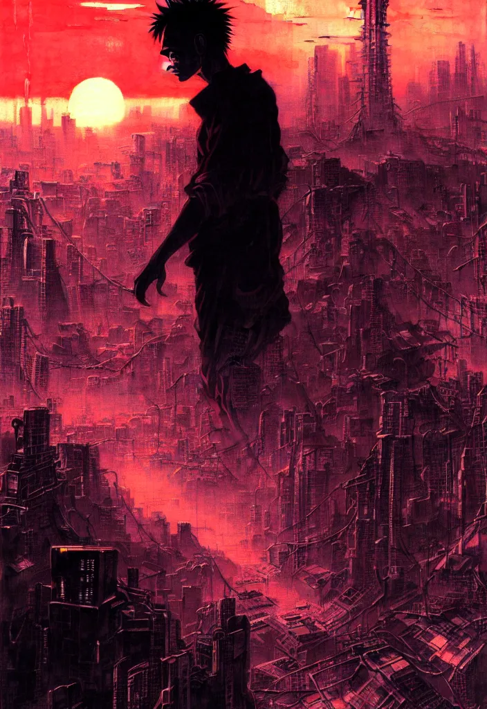 Image similar to tetsuo over neo - tokyo, silhouetted by a red sun | anime, matte painting, dystopian megacity neo - tokyo akira, shaded perfect, fine details. realistic shaded lighting anime manga artwork by katsuhiro otomo, akira, artgerm, jeremy lipkin and michael garmash and rob rey