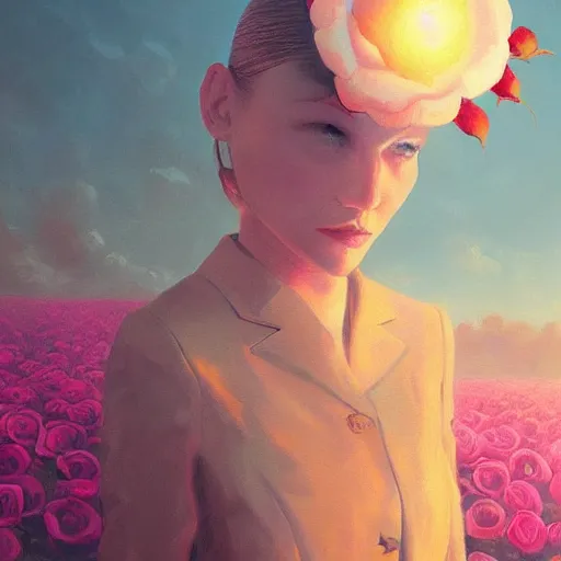 Image similar to closeup, huge rose flower as a head, frontal, a girl in a suit, surreal photography, sunrise, dramatic light, impressionist painting, digital painting, artstation, simon stalenhag