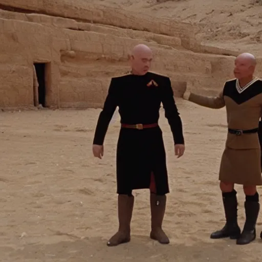 Prompt: captain jean - luc picard having a conversation with professor x charles xaiver in ancient egypt wide angle shot