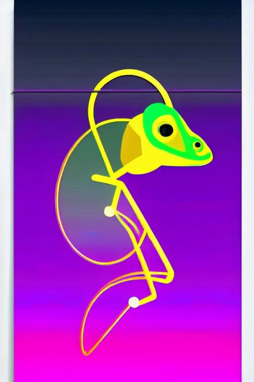 Prompt: chameleon wearing headphones in a smooth color gradient from gold to rose to purple with interlocking triangle polygons, vector blending the shapes, optical illusion diagram hexagon risoprint screenprint serigraph poster art
