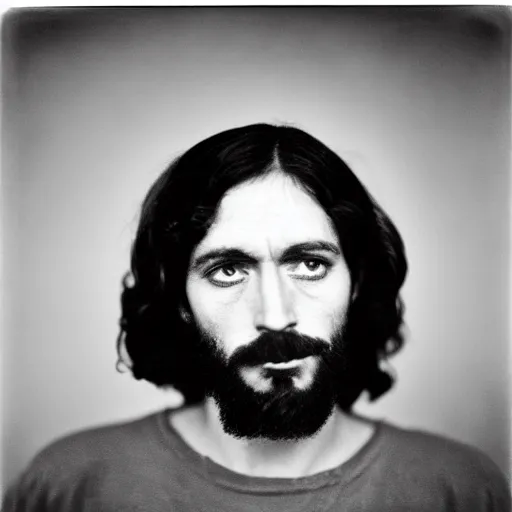 Image similar to photo of Jesus Christ by Diane Arbus, black and white, high contrast, Rolleiflex, 55mm f/4 lens