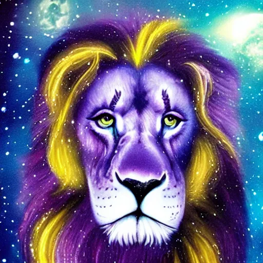 Image similar to a purple lion in space