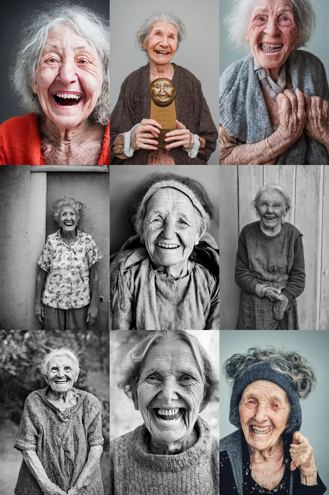 Prompt: A portrait of an old woman with an disturbingly large smile, award winning photo