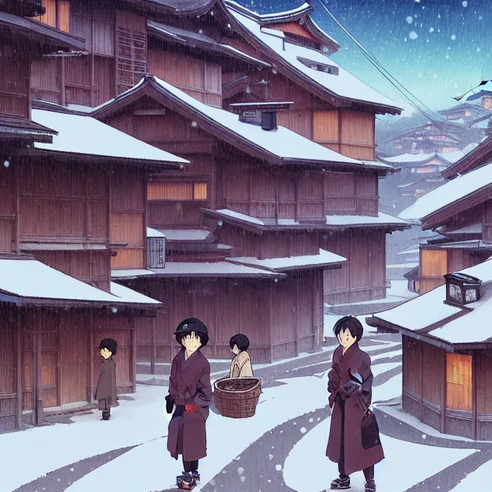 Prompt: japanese rural town, no people, winter, in the style of studio ghibli, j. c. leyendecker, greg rutkowski, artem