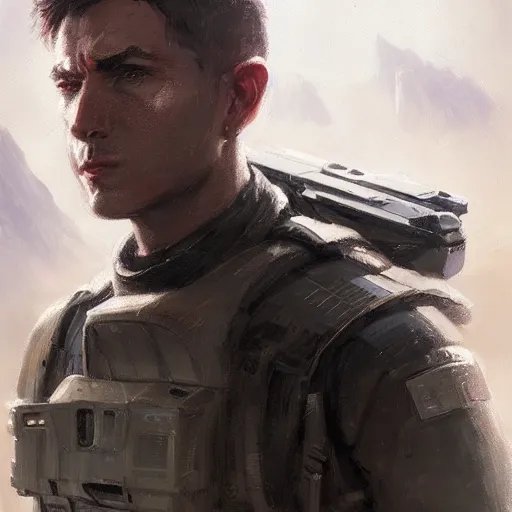 Image similar to portrait of a man by greg rutkowski, a soldier of the galactic dominion, wearing a purple and gray tactical gear, star wars expanded universe, highly detailed portrait, digital painting, artstation, concept art, smooth, sharp foccus ilustration, artstation hq