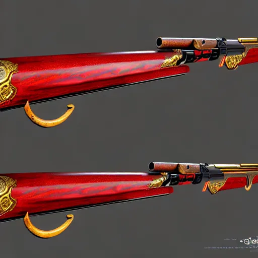 Prompt: a magical antique sawed - off double - barreled shotgun made from glossy red - painted wood and elements of gold metalwork, video game concept art