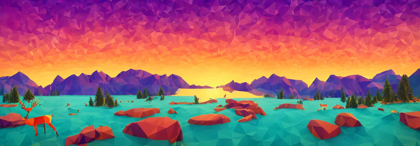 Prompt: super detailed color lowpoly art, northern sunset with rocks on front, lake in the middle of perspective and mountains at background, graphic reindeers in random points, unreal engine, david hockney color palette, 3d render, lowpoly, colorful, digital art