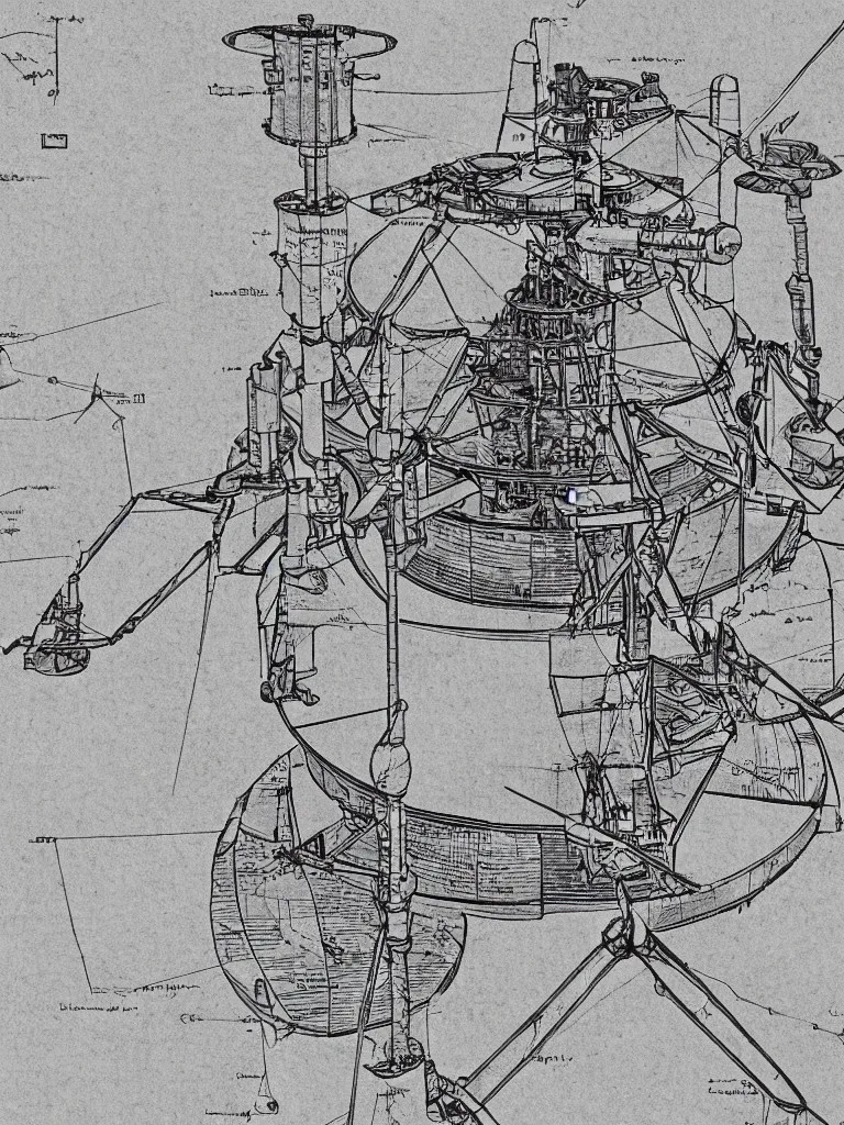 Image similar to Illustrated mechanical diagram of a Apollo Moon Lander on paper by Leonardo da Vinci, hyper realistic, high details, infographic, marginalia