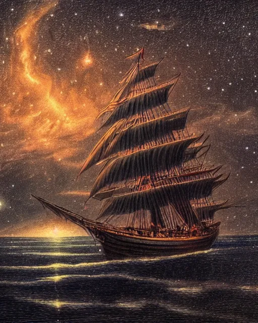 Prompt: an extremely colorful detailed masterpiece of the sailing vessel constitution tall ship under sail at night under the milky way galaxy and other stars, in the style of george philip reinagle, epic scene, extremely moody lighting, glowing light and shadow, atmospheric, shadowy, cinematic, 4 k