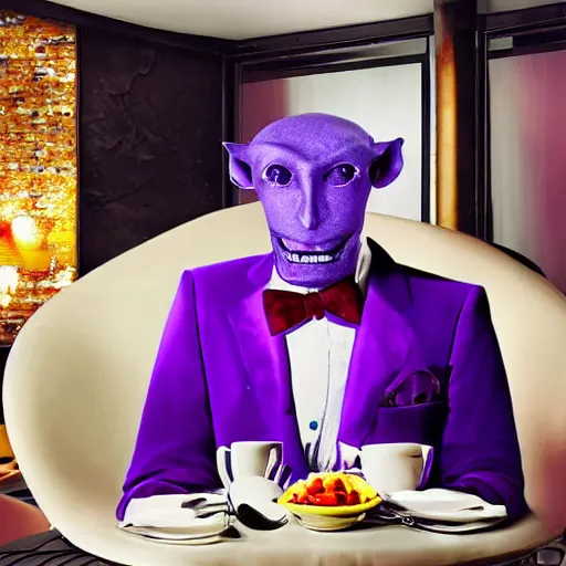 Image similar to a modernized alien in a purple three - piece suit made of velvet, he is enjoying a bowl of split pea and mushroom soup at a 5 - star restaurant in the bronx, photorealistic, highly detailed, photography, refined spontaneity