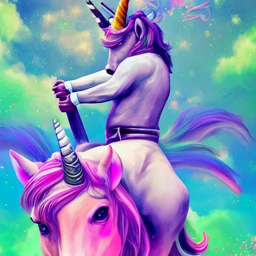 Image similar to pewdiepie riding a unicorn, pointing in the right direction, wearing a crown, green paradise landscape, vivid colors, pastelle, digital art, trending on artstation