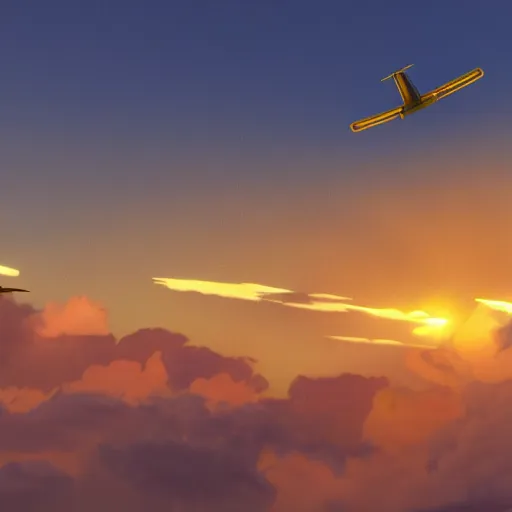 Image similar to the silhouette of a biplane flying through golden clouds at sunset, digital art, detailed, 4 k, artstation