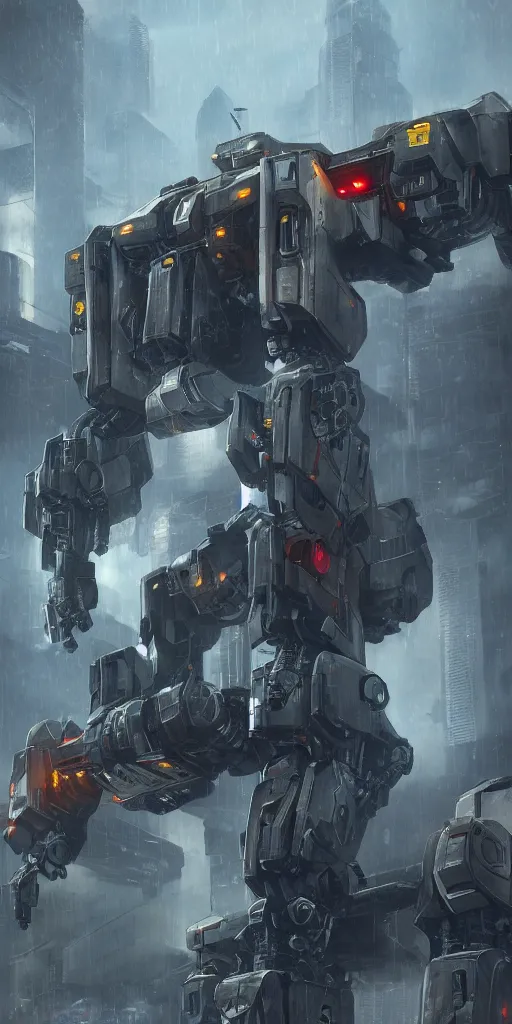 Image similar to Battletech mech in a city, futuristic, rain, industrial, 8k, high detail, unreal render, concept art, Mechwarrior, masterpiece, Artstation