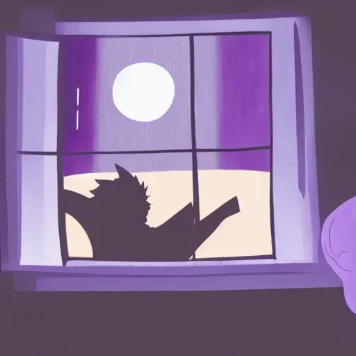 Prompt: man sleeping with a boy with purple hair and cat ears standing in window, dark lighting