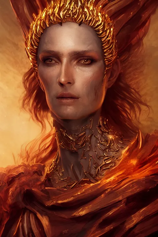 Prompt: fantasy character concept portrait, digital painting, wallpaper of a goddess with skin of obsidian, with veins of magma and gold, renaissance nimbus overhead, by aleksi briclot, by laura zalenga, by alexander holllow fedosav, 8 k dop dof hdr, vibrant
