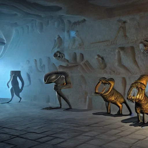 Prompt: realistic render of a group of alien monsters looking hieroglyphs, cinematic lighting