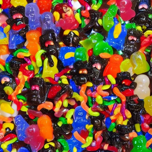 Image similar to Velazquez Las Meninas, candy, sculpted out of candy, gummy candies, gummy bears, gummy worms, colorful award-winning photo of candy, happy smiley