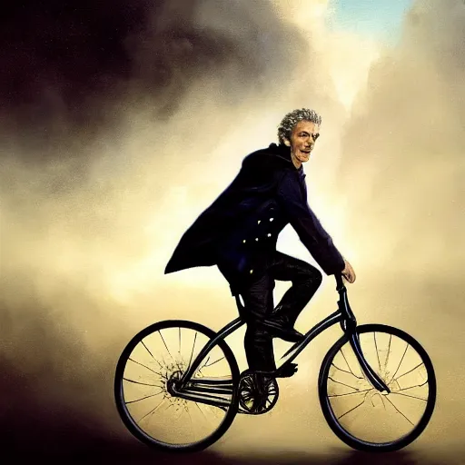 Image similar to cinematic shot epic portrait peter capaldi riding a bicycle in the streets, atmospheric, cloudy, broad light, ambient occlusion, volumetric light effect, made by ivan aivazovsky, peter mohrbacher, greg rutkowski, ross tran, matte painting, trending on artstation, 4 k, perfectly defined features, digital painting, cinematic, epic, highly detailed,