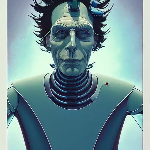 Image similar to 1 0 7 7 bender futuristic rick sanchez futurama portrait by charles vess and james jean and erik jones and rhads, inspired by ghost in the shell, beautiful fine face features, intricate high details, sharp, ultradetailed