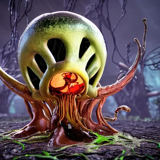 Image similar to horror alien mushroom with tendrils, oozing black goo, unreal engine