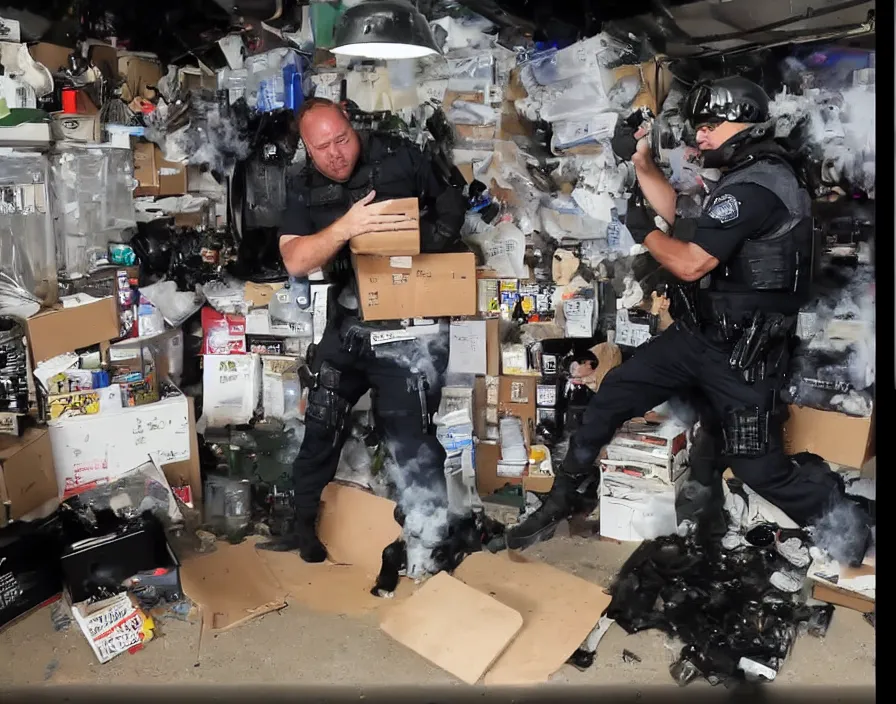 Prompt: Alex Jones in his garage office youtube studio fighting SWAT police, surrounded by boxes of herbal supplements and trash, a group of SWAT police, tear gas and smoke, detailed photograph high quality