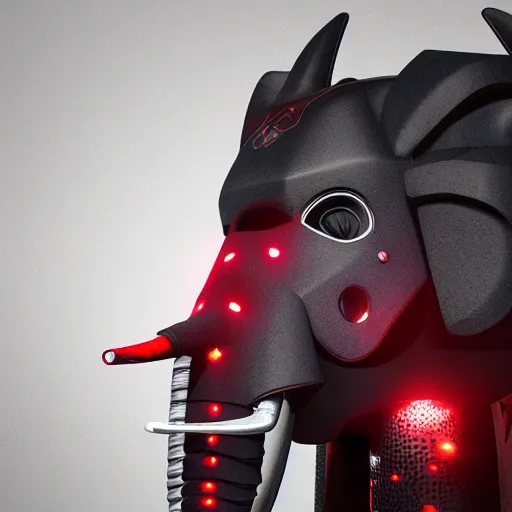 Image similar to never forget! futuristic elephant head, symmetrical, intricate black shaman ornaments, black oak patterns, iridescent reflection, mask big, mech mask, mecha - elephant, graphic design, black white grays and red color, subsurface scattering, cyberpunk, unreal engine, octane render