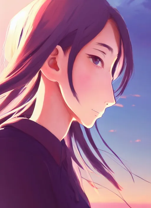 Prompt: side portrait of cute girl, sunset sky in background, beach landscape, illustration concept art anime key visual trending pixiv fanbox by wlop and greg rutkowski and makoto shinkai and studio ghibli and kyoto animation, futuristic wheelchair, symmetrical facial features, should eyes, future clothing, realistic anatomy, backlit, realistic face