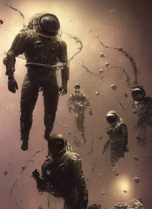 Image similar to astronauts in dark and empty void underwater - complex and hyperdetailed technical suit. reflection and dispersion materials. rays and dispersion of light. volumetric light. 5 0 mm, f / 3 2. noise film photo. flash photography. ultra realistic, wide angle. poster by wayne barlowe, hajime sorayama aaron horkey, craig mullins