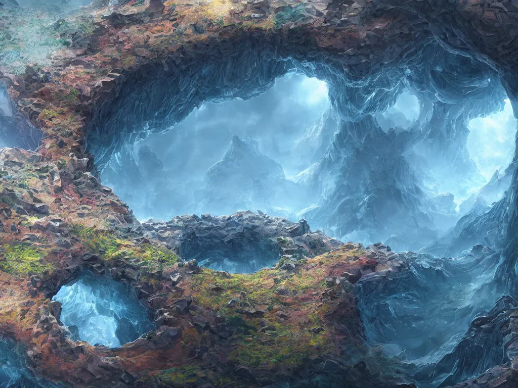 Image similar to a giant sinkhole with transparent pixels at the center, digital painting, trending on artstation, deviantart, 8k, epic composition, intrinsic details, perfect coherence