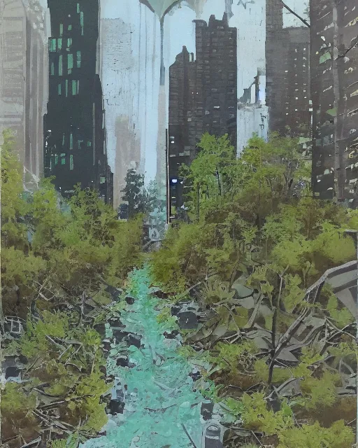 Image similar to abandoned overgrown city, acrylic