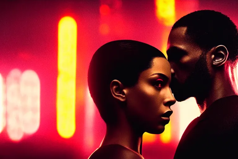 Image similar to film still of closeup beautiful jamaican models couple in blade runner 2 0 4 9, cinematic, moody, gritty neon noir by emmanuel lubezki