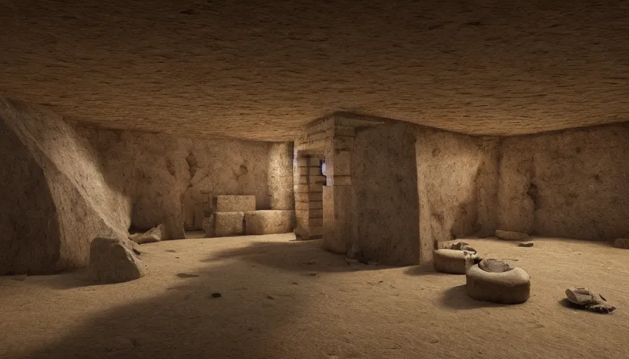 Image similar to interior of an ancient african tomb with dust particles, dusty ground, sands, bones everywhere, totem, hyperdetailed, artstation, cgsociety, 8 k