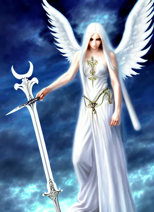 Prompt: a white angel holding a sword and a sword, digital art by Anne Stokes, deviantart, fantasy art, angelic photograph, wiccan, deviantart