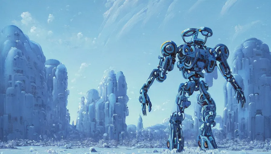 Image similar to an intricate oil painting of a giant pristine icey blue metal anime humanoid mecha with rounded components by simon stalenhag, icey tundra background