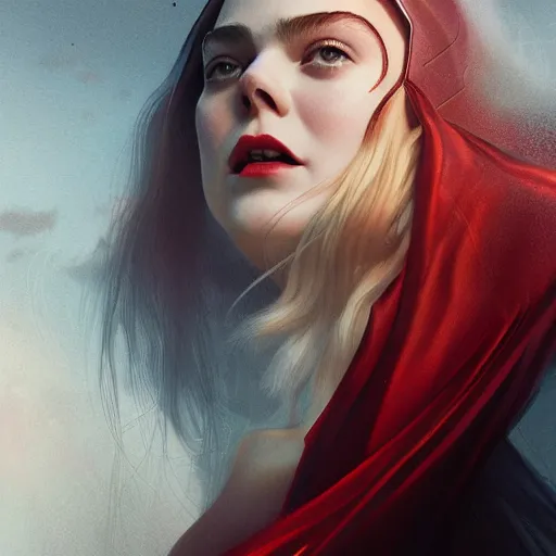 Image similar to portrait of modern darna, elle fanning in santorini as scarlett witch in prey, intricate, elegant, dark vibes, highly detailed, digital painting, artstation, glamor pose, concept art, smooth, sharp focus, illustration, art by wlop, mars ravelo and greg rutkowski