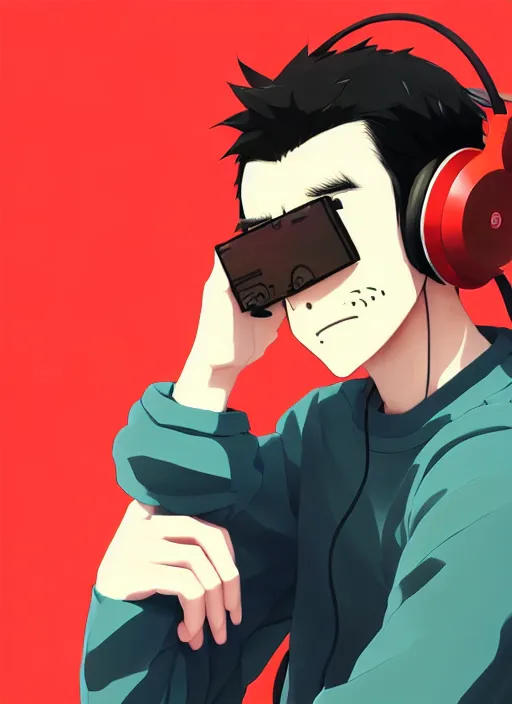 Image similar to portrait of chilled kong, sunny sky background, lush landscape, illustration concept art anime key visual trending pixiv fanbox by wlop and greg rutkowski and makoto shinkai and studio ghibli and kyoto animation, symmetrical facial features, black t shit, red headphones, ripped jeans, backlit, aerodynamic frame, gta 5