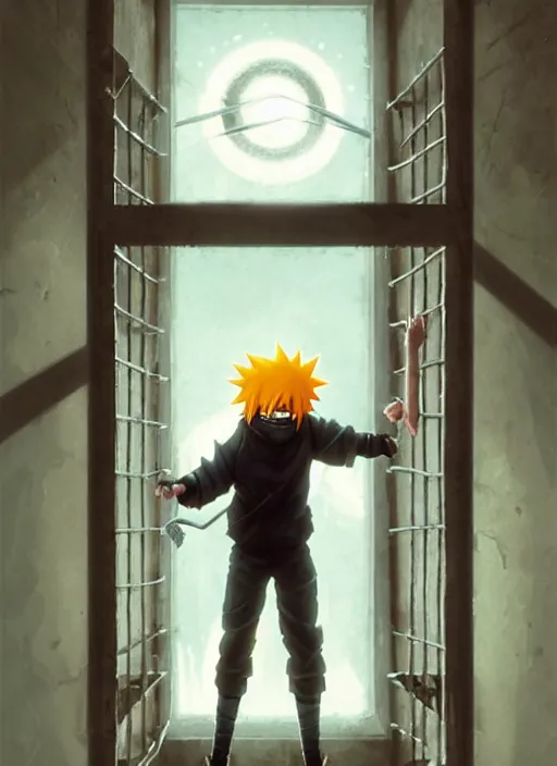 Image similar to highly detailed prison cell with naruto uzumaki with black hair, metal bars in window, powerfully hitting a wall, art by greg rutkowski, loish, rhads, ferdinand knab, makoto shinkai and lois van baarle, ilya kuvshinov, rossdraws, tom bagshaw, global illumination, radiant light, detailed and intricate environment