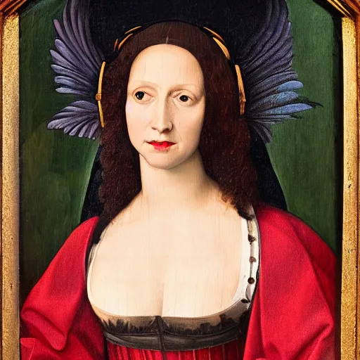 Image similar to a renaissance style portrait painting of raven winged female vampire, wearing a VR helmet and cape, dark background