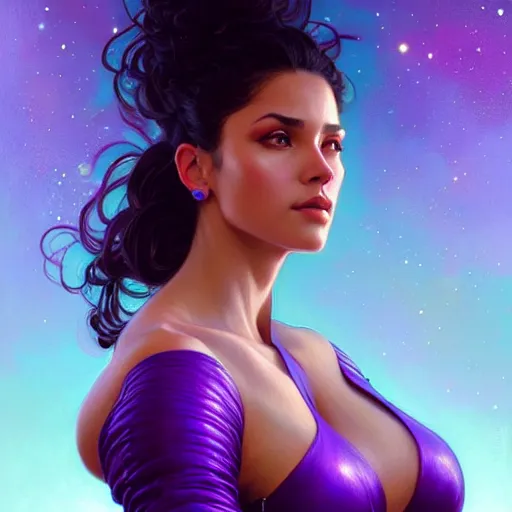 Image similar to Portrait of very very very very very very beautiful Latina woman, spacesuit, purple eyes, intricate, elegant, highly detailed, digital painting, artstation, concept art, smooth, sharp focus, illustration, art by artgerm and greg rutkowski and alphonse mucha