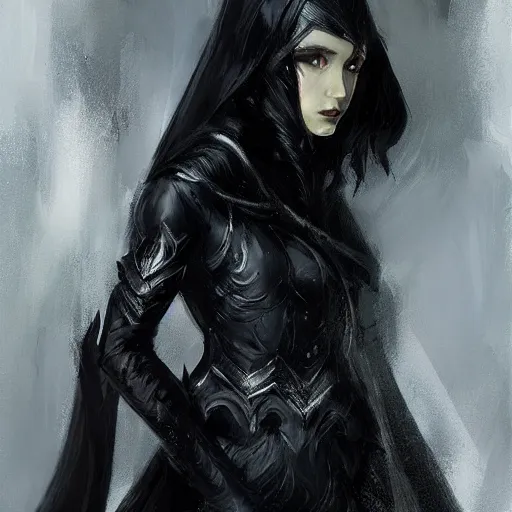 Image similar to a female shadowy elf in dark robes, black dress, wavy black bob hair bangs, dnd character art portrait, by ruan jia