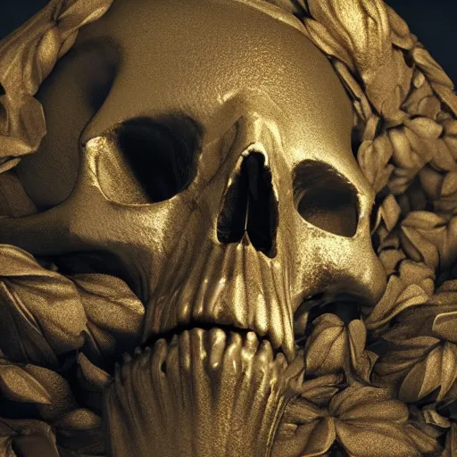 Image similar to medium shot of a skull made of solid gold sits on an abandoned gravestone, beautiful detailed intricate insanely detailed octane render, 8k artistic photography, photorealistic, unreal engine