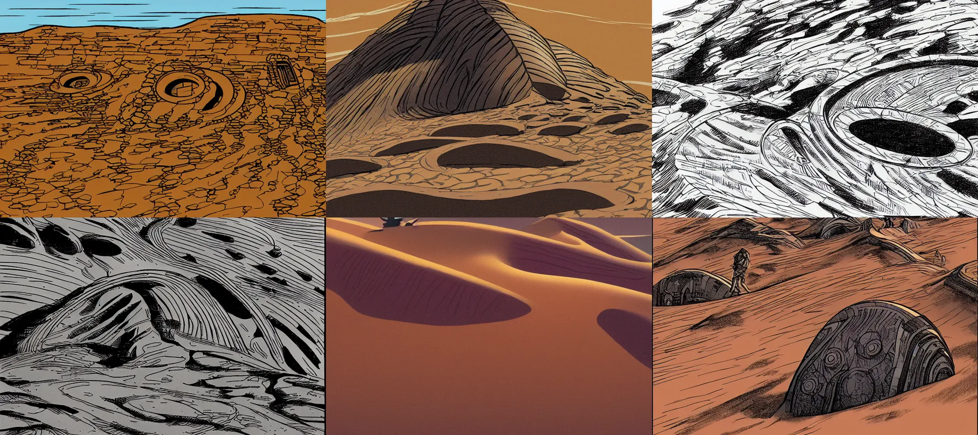 Prompt: Dune architecture in the style of jack kirby